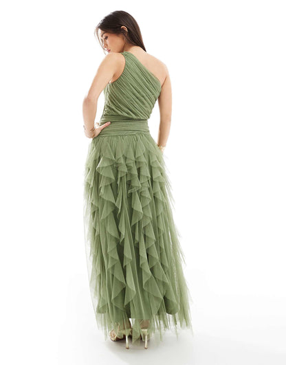Bridesmaid One Shoulder Waterfall Ruffle Maxi Dress