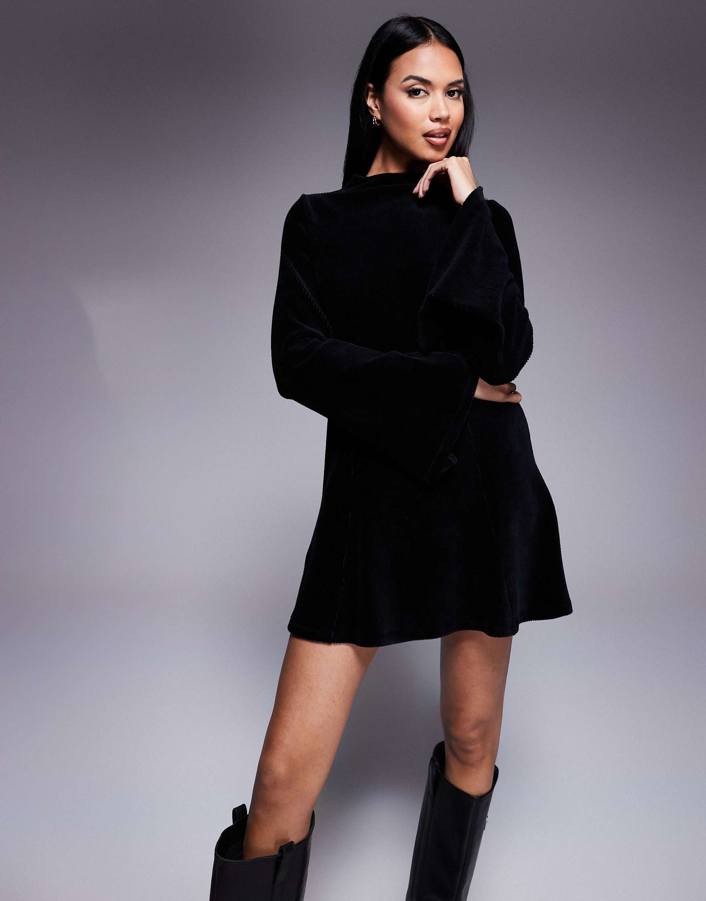 Cord High Neck  Fit And Flare Mini Dress