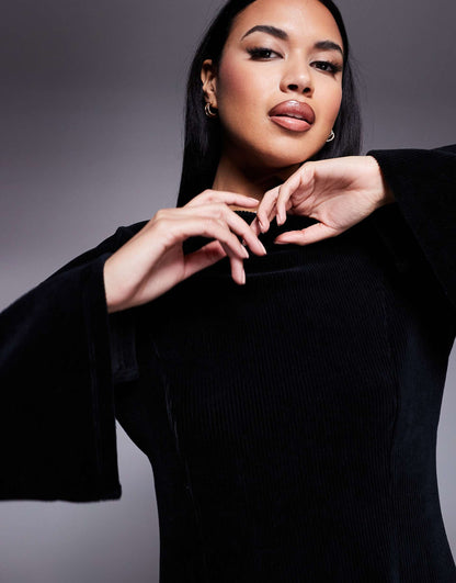 Cord High Neck  Fit And Flare Mini Dress