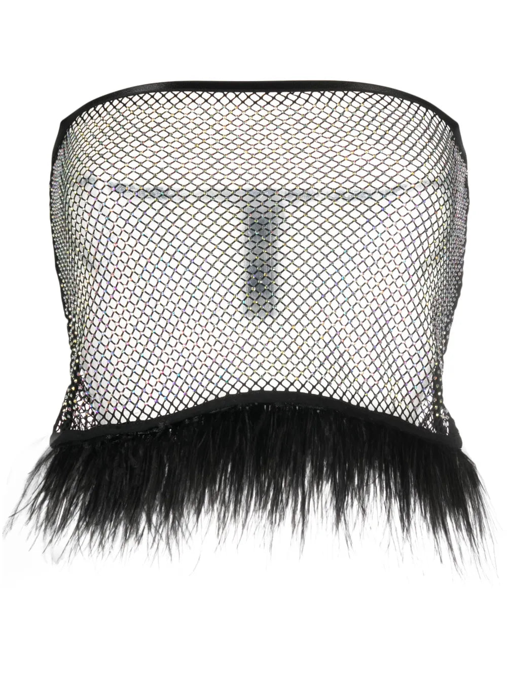 Feather-Trim Rhinestone Mesh Top