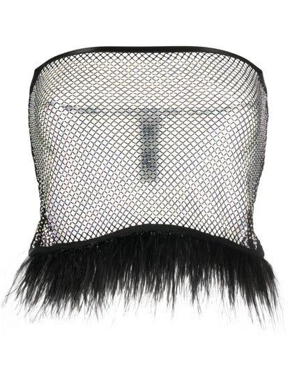 Feather-Trim Rhinestone Mesh Top