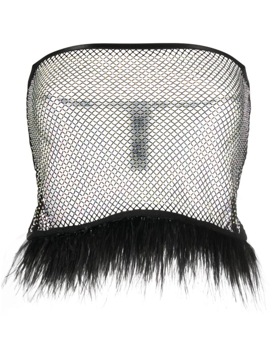 Feather-Trim Rhinestone Mesh Top