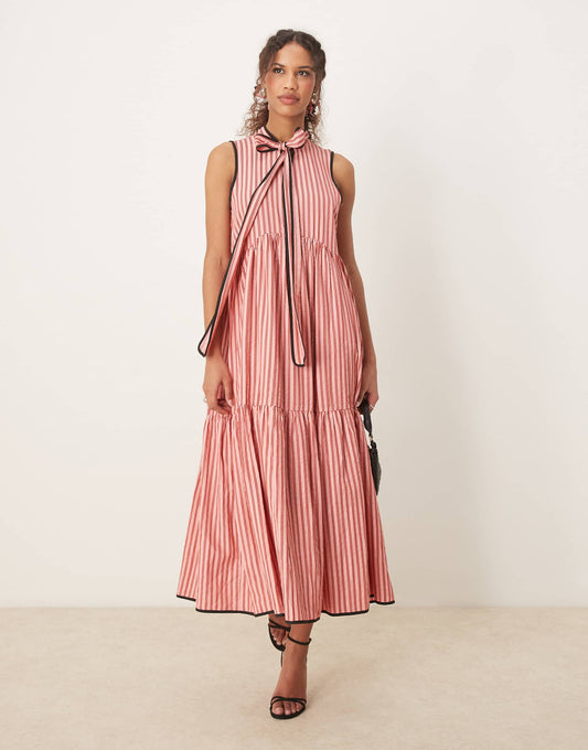 Contrast Stripe Midi Bow Dress