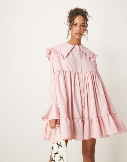 Oversized Collar Frill Mini Dress With Heart Button Detail