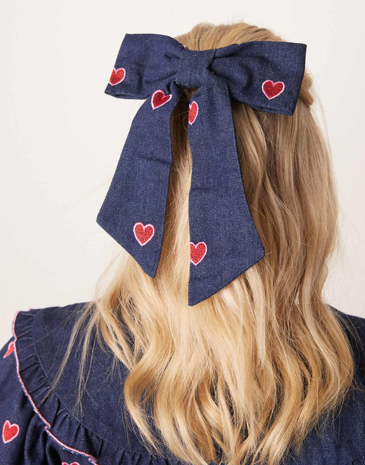 Heart Embroidered Denim Hair Bow