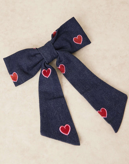 Heart Embroidered Denim Hair Bow