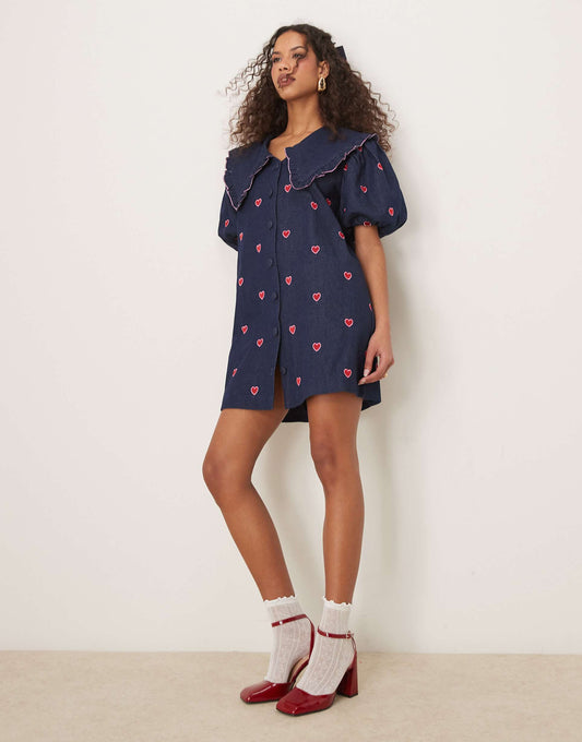 Hearts Embroidered Mini Dress