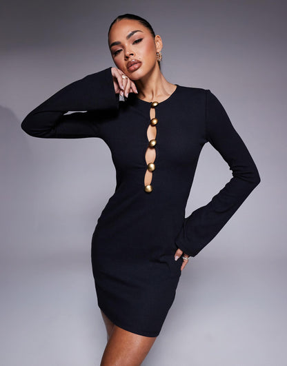 Key Hole Button Front Mini Dress