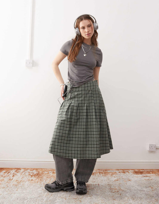 Pleated Midi Kilt Skirt