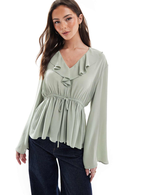 V Neck Frill Top With Peplum Hem