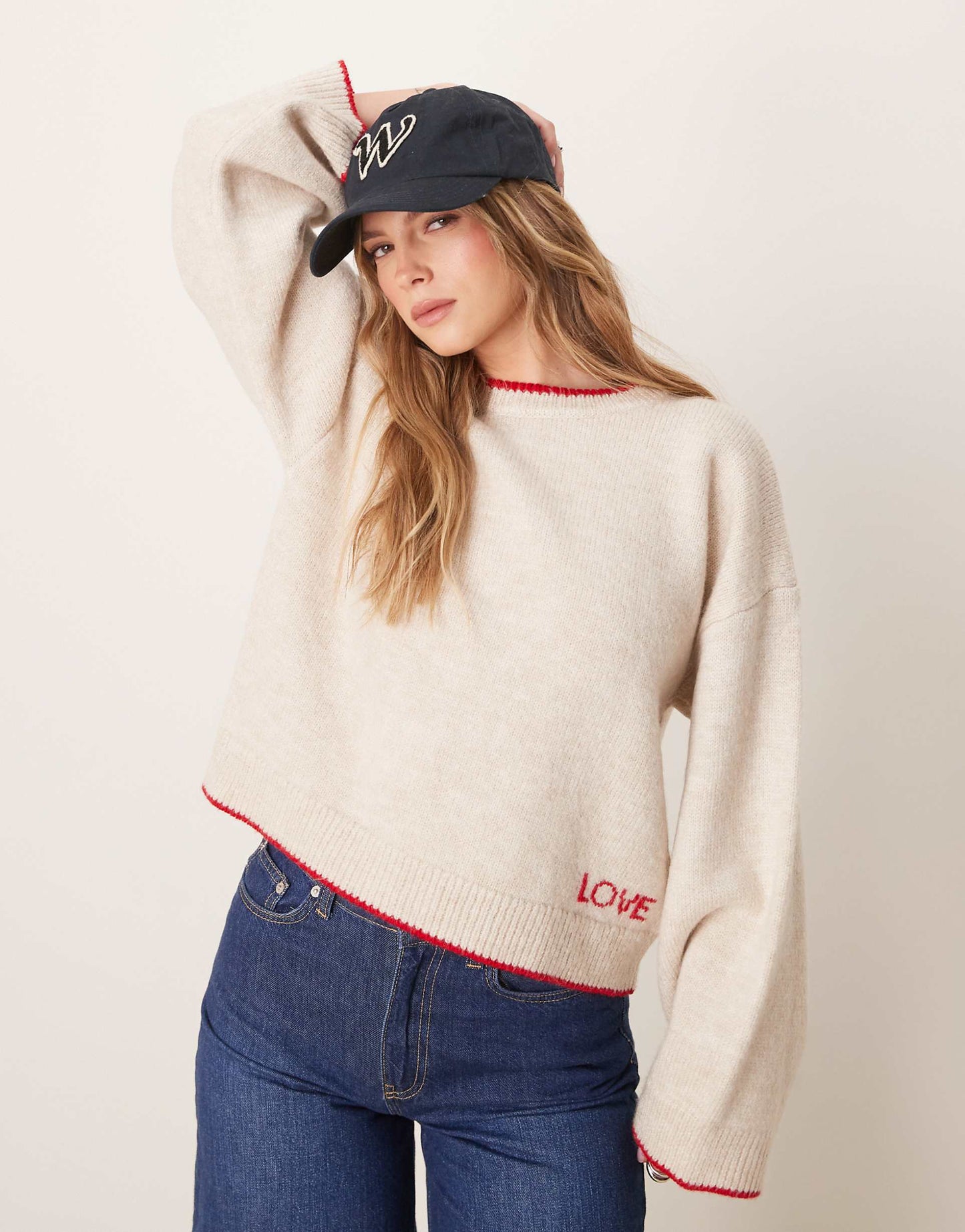 Knitted Jumper With Contrast Blanket Stitch And Embroidery