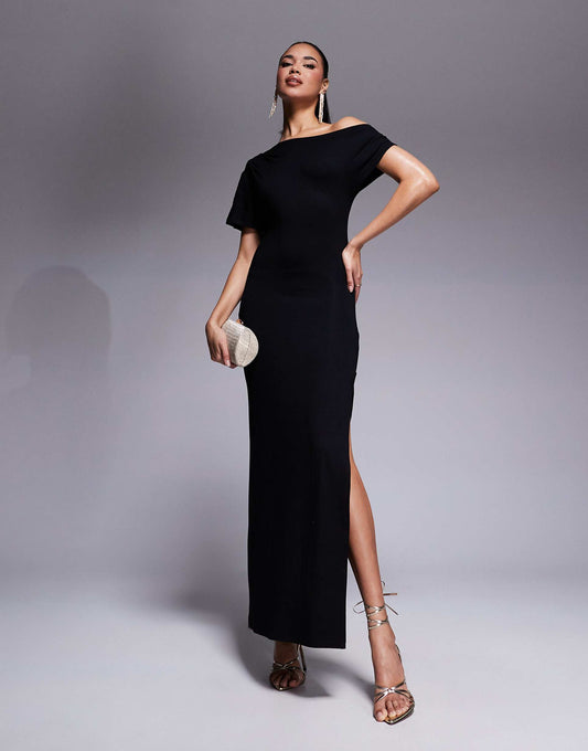 Asymmetric Cap Sleeve Midi Dress With Split