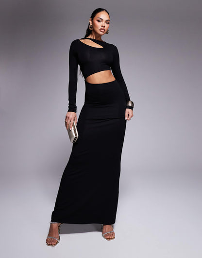 Long Sleeve Twist Shoulder Cut Out Waist Maxi Dress