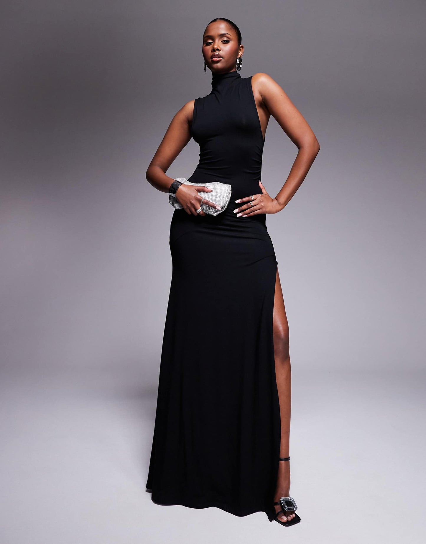 High Neck Ruched Asymmetric Seam Maxi Dress