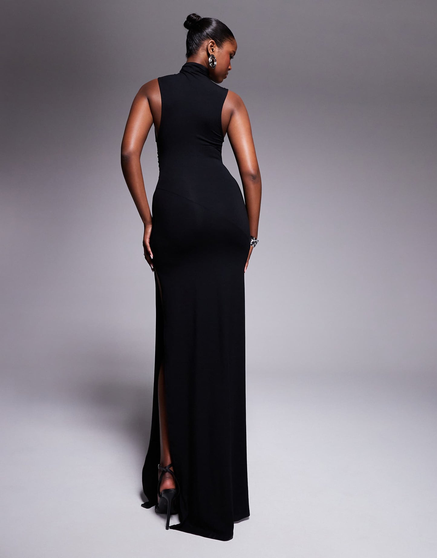 High Neck Ruched Asymmetric Seam Maxi Dress