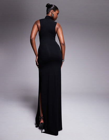 High Neck Ruched Asymmetric Seam Maxi Dress