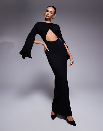 Split Angel Sleeve Maxi Dress With Cut Out