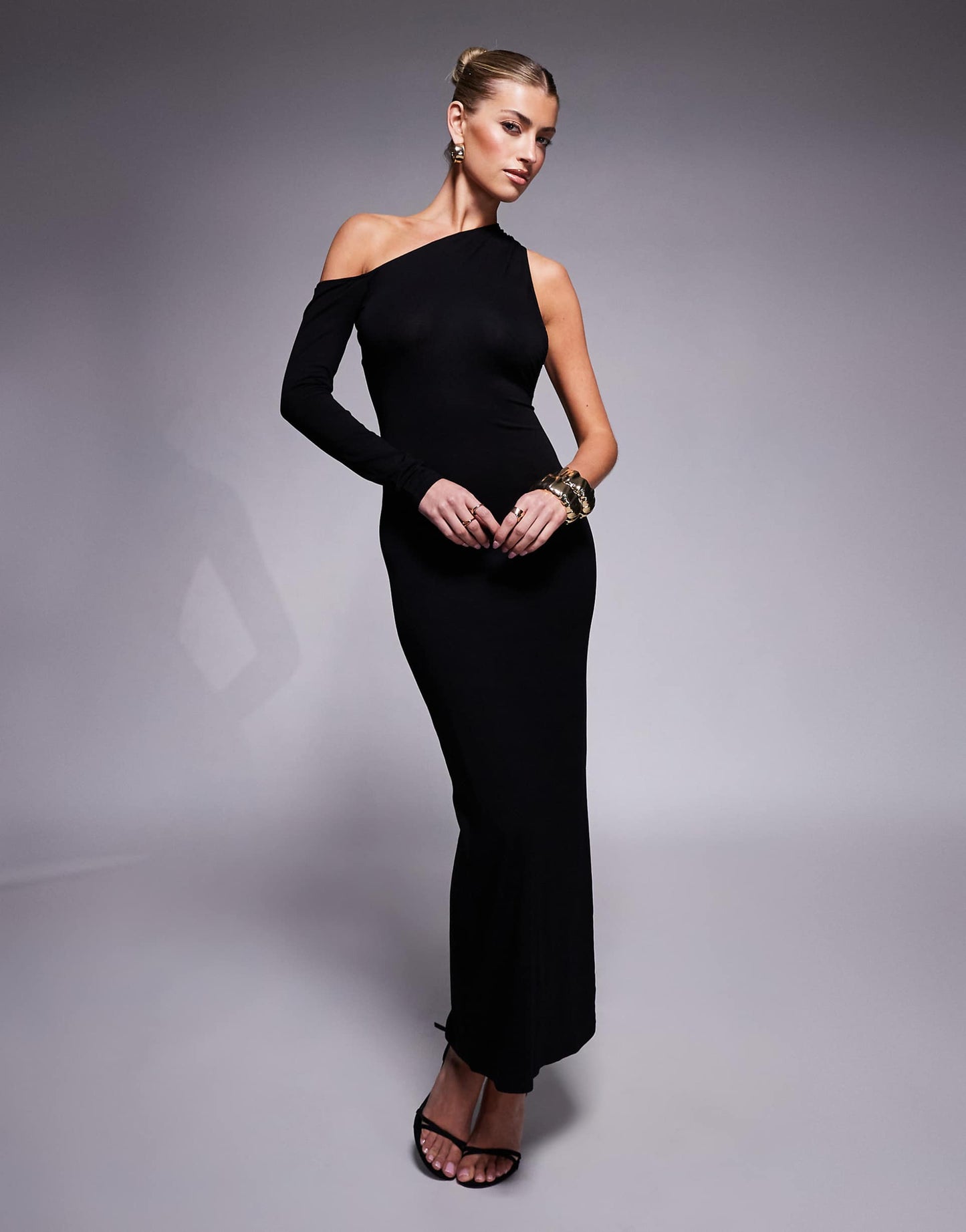 Long Sleeve Asymmetric Drape Side Detail Midi Dress With Trim Back