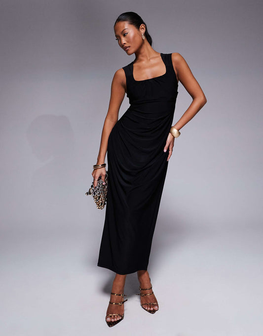 Petite Shaped Neckline Wide Strap With Draped Skirt Midi Dress