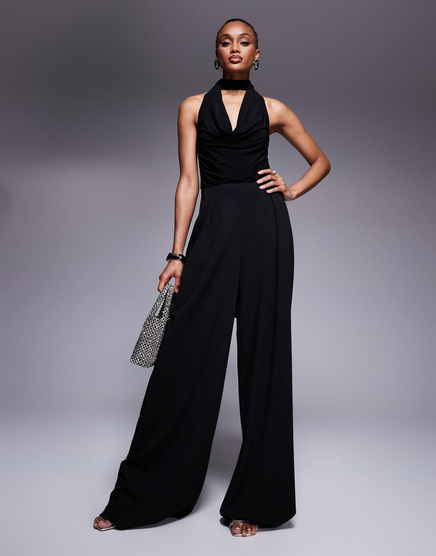 Tall Cowl Fabric Mix Wide Leg Jumpsuit With Tie Neck