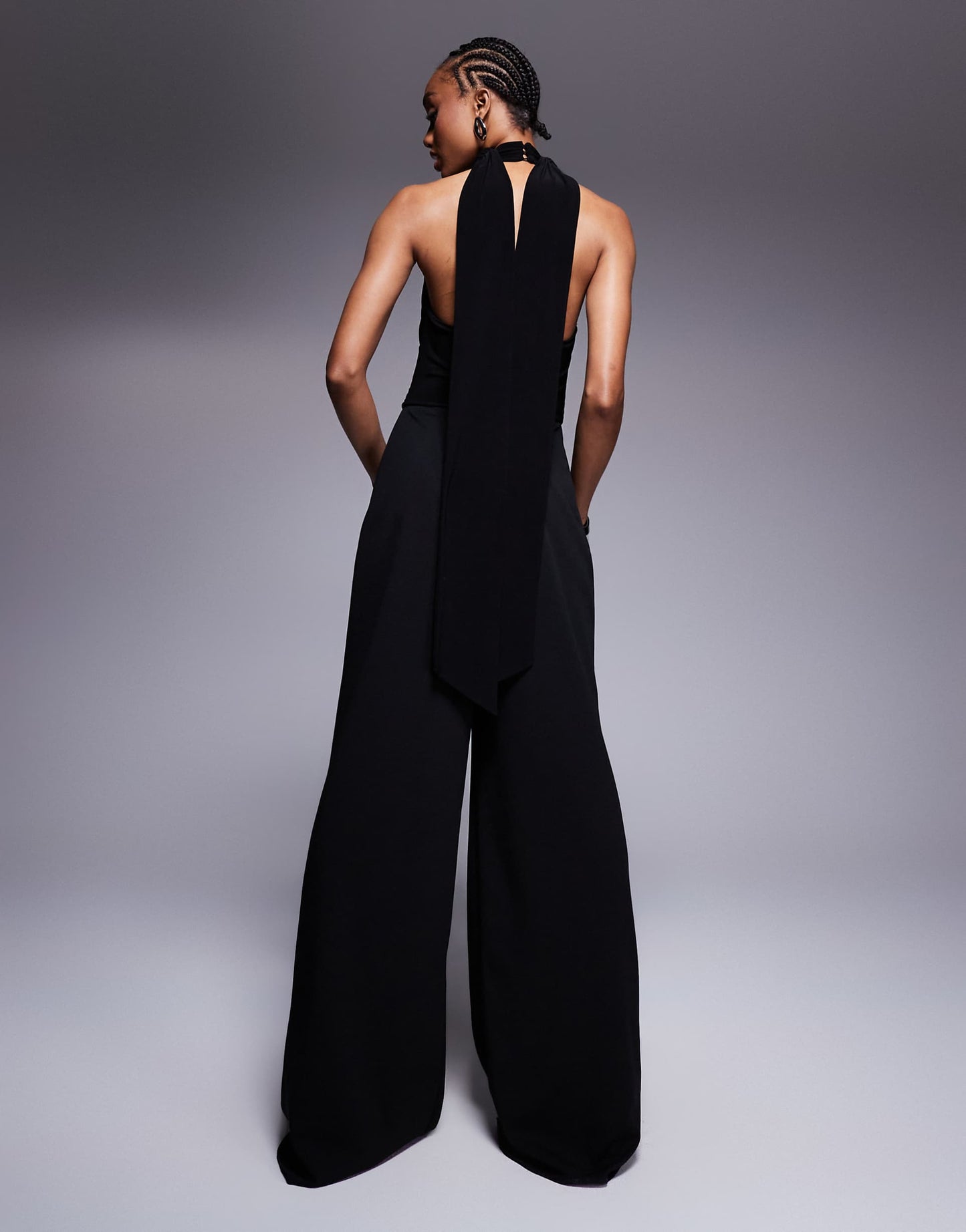 Tall Cowl Fabric Mix Wide Leg Jumpsuit With Tie Neck