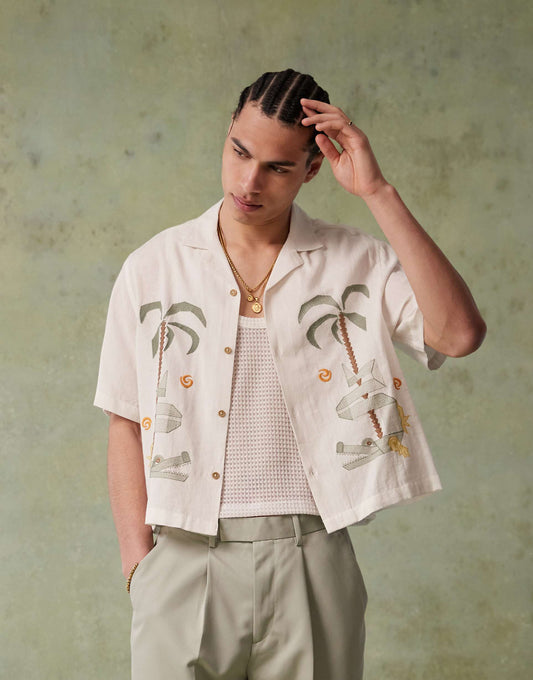 Boxy Revere Shirt With Palm Embroidery