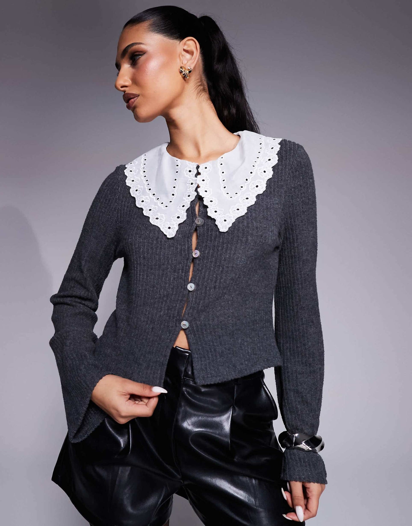 Collared Button Though Brushed Rib Cardigan