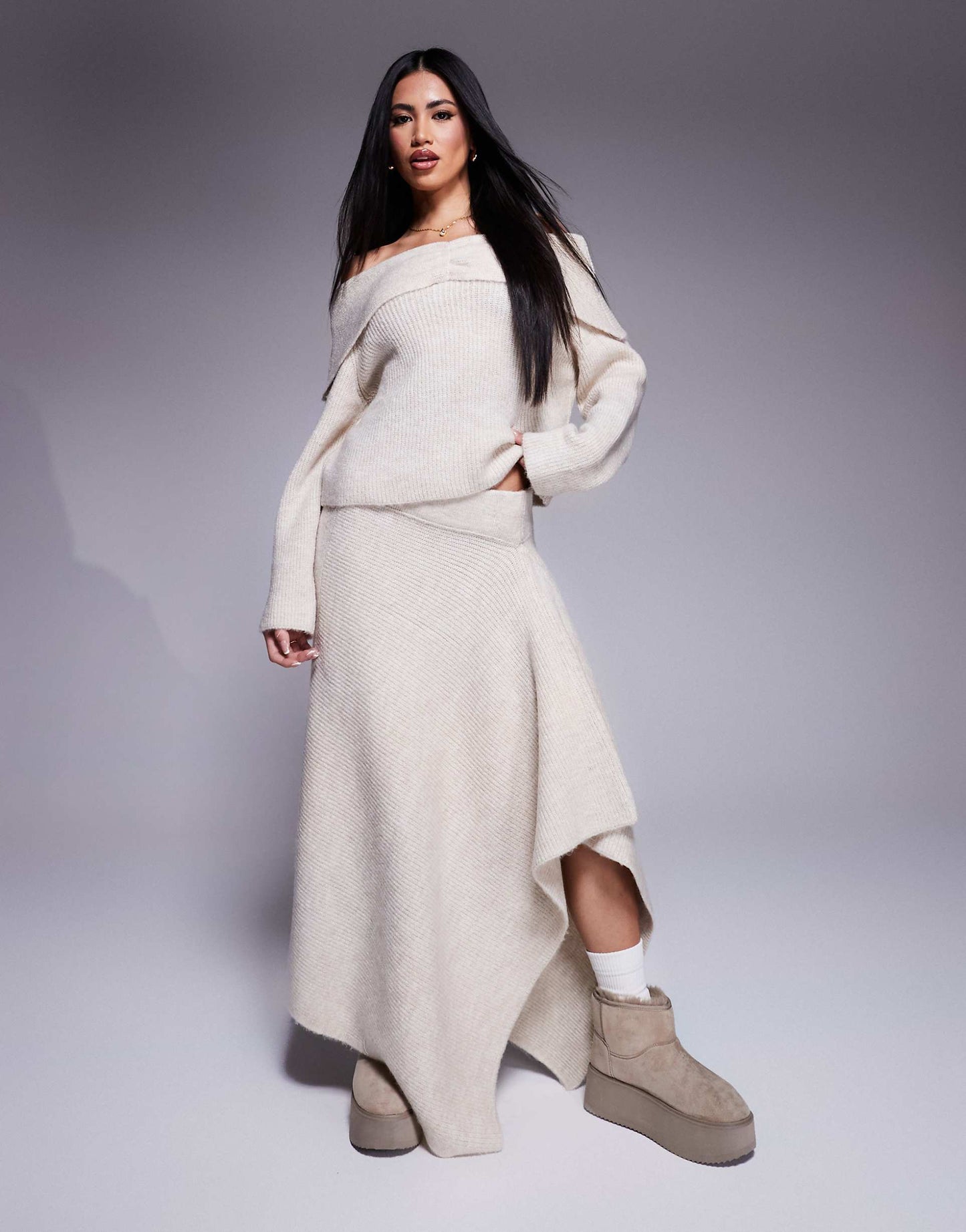 Knitted Asymmetric Maxi Skirt Co Ord