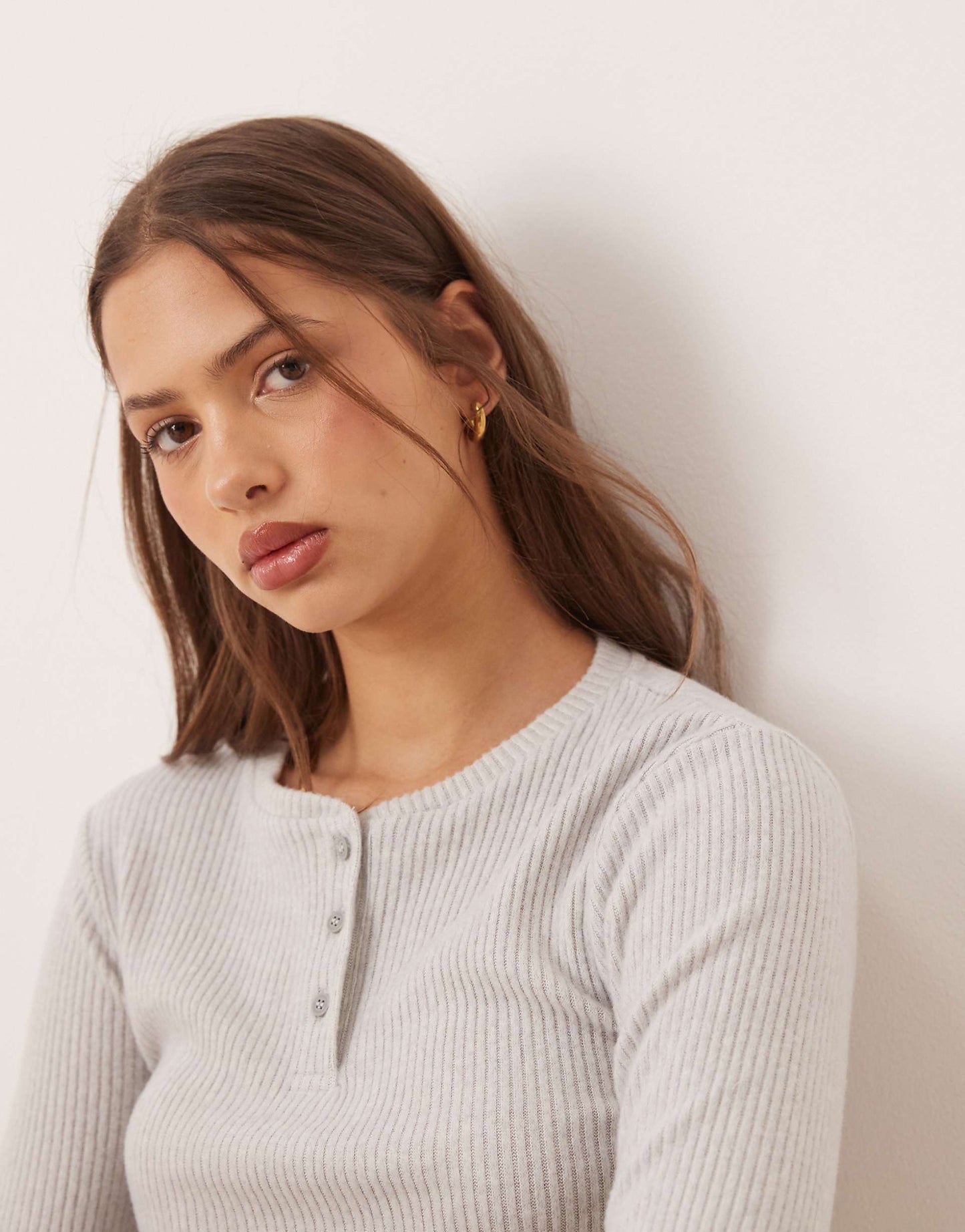 Brushed Rib Henley Long Sleeve Top