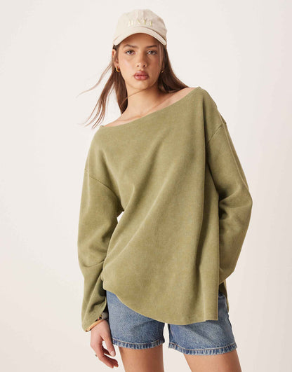 Off Shoulder Long Sleeve Waffle T-Shirt
