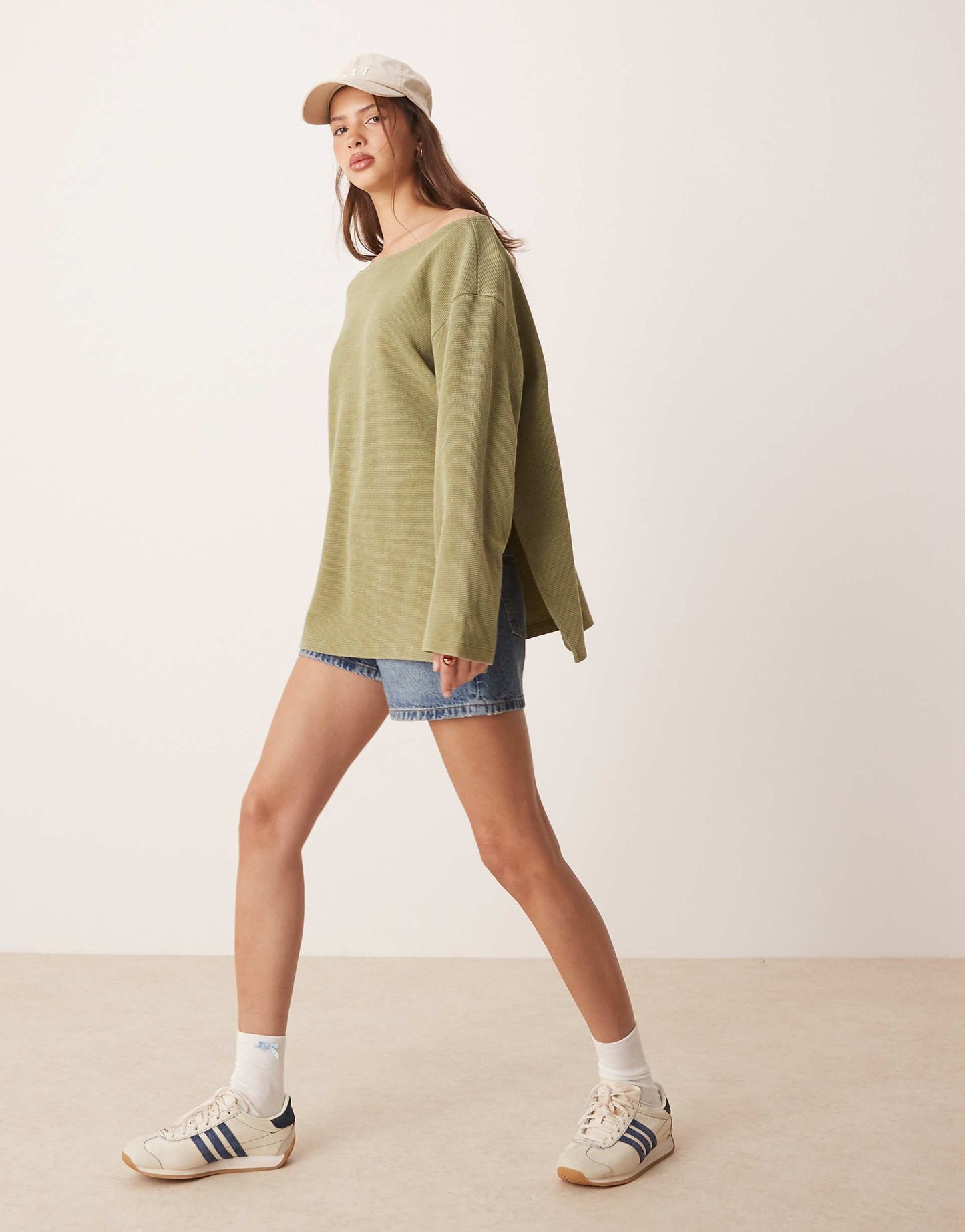 Off Shoulder Long Sleeve Waffle T-Shirt