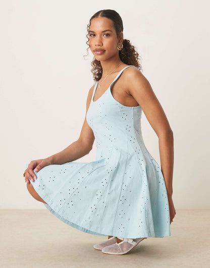 Broderie Square Neck Godet Mini Dress