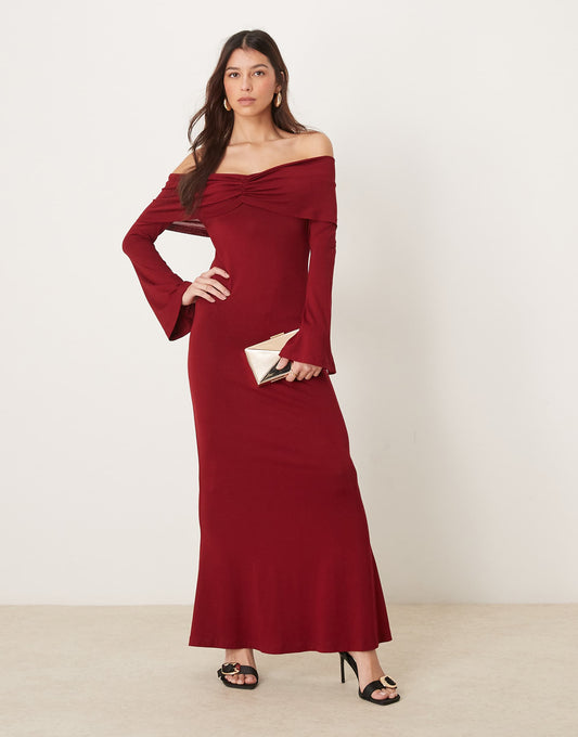 Foldover Ruched Bardot Maxi Dress