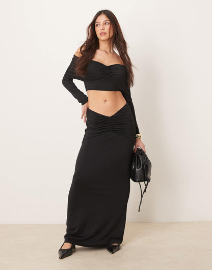 Ruched Maxi Skirt Mesh Co Ord With Gathered V Waist