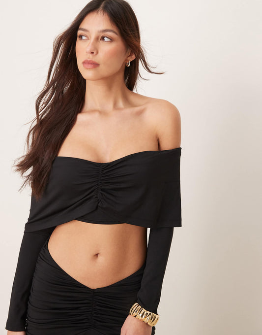 Ruched Front Mesh Bardot Co Ord Top