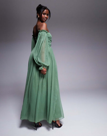 Off Shoulder Balloon Sleeve Maxi Dress