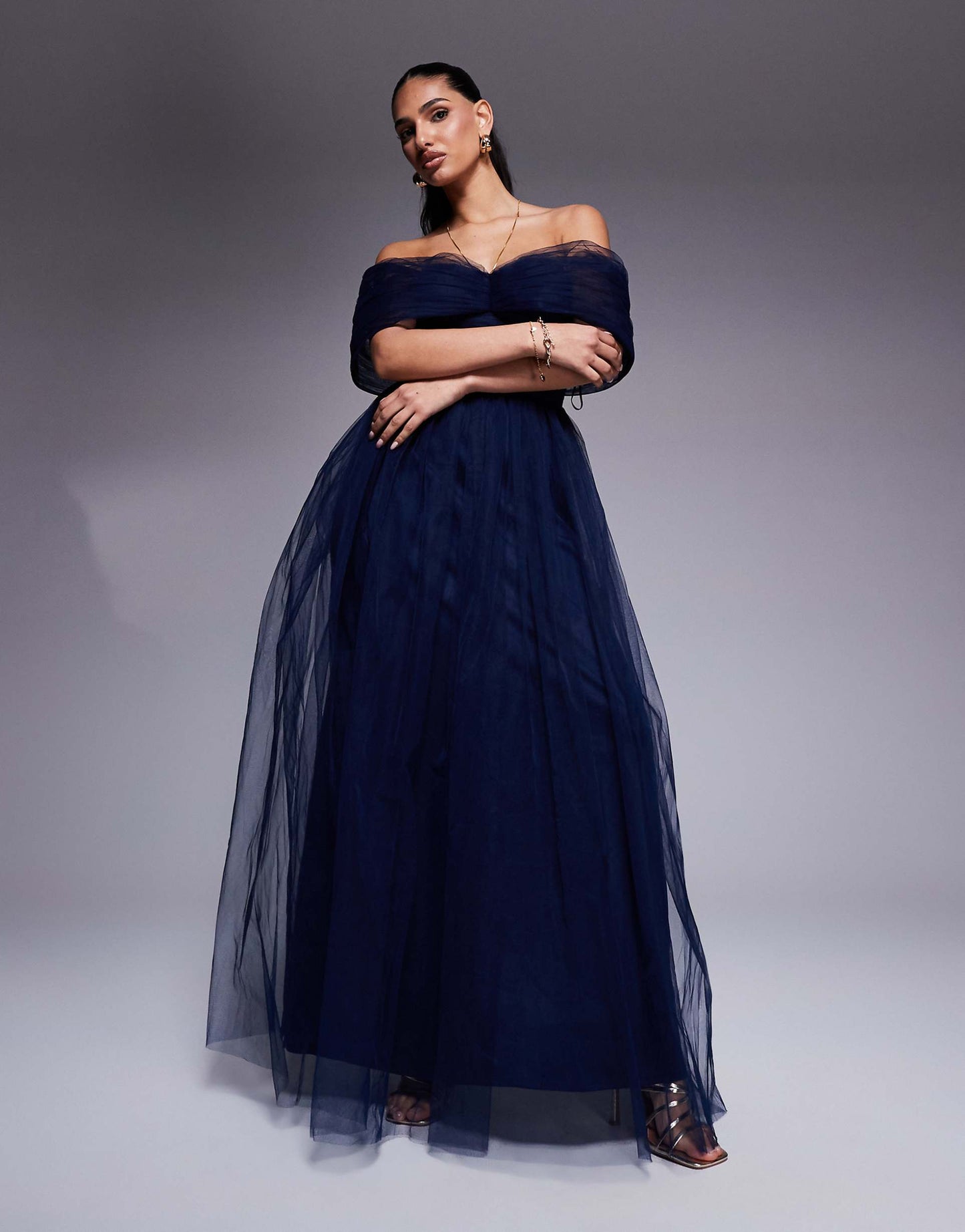 Bow Off Shoulder Tulle Maxi Dress