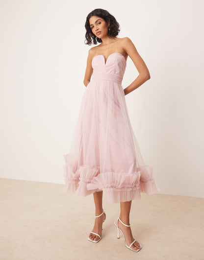 Corset Tulle Ruffle Hem Midaxi Dress