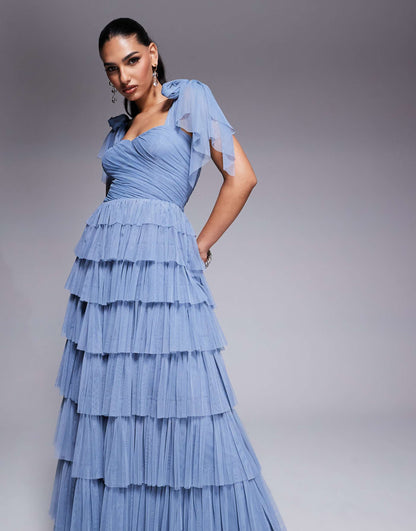 Bow Shoulder Tiered Tulle Maxi Dress