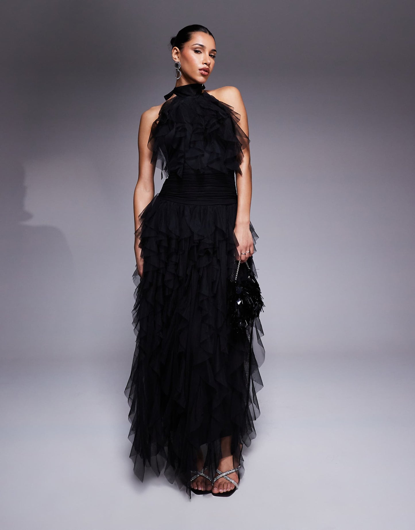 Backless Ruffle Tulle Maxi Dress