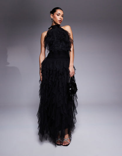 Backless Ruffle Tulle Maxi Dress