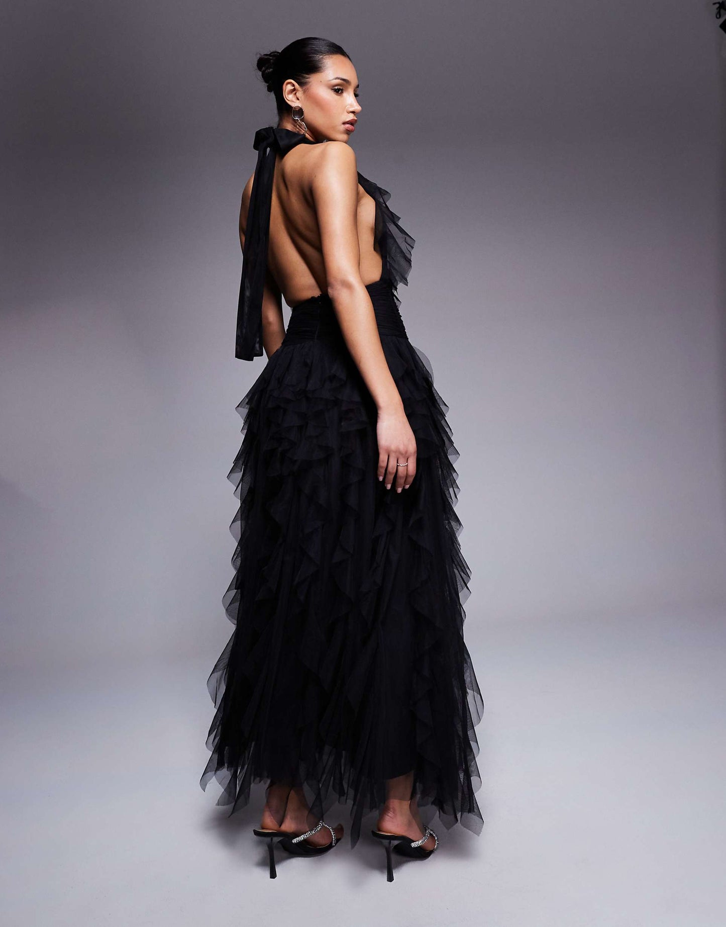 Backless Ruffle Tulle Maxi Dress