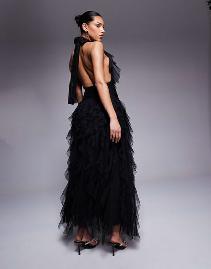 Backless Ruffle Tulle Maxi Dress