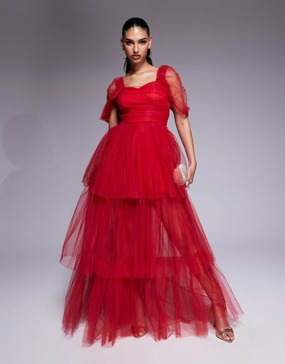 Off Shoulder High Low Tulle Maxi Dress