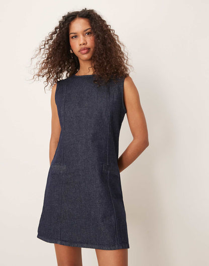 Clean Denim Mini Dress With Welt Pockets