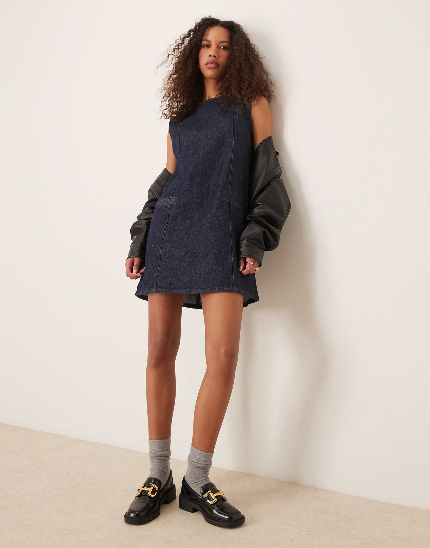 Clean Denim Mini Dress With Welt Pockets