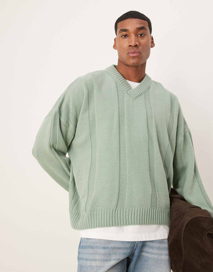 Super Oversized Boxy Fit Ribbed Knitted V Neck Jumper