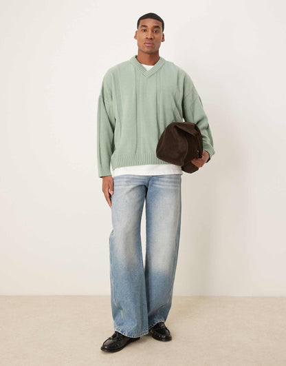Super Oversized Boxy Fit Ribbed Knitted V Neck Jumper