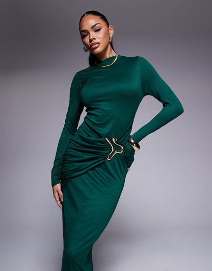 Slash High Neck Midi Dress With Gold Hardware Detail