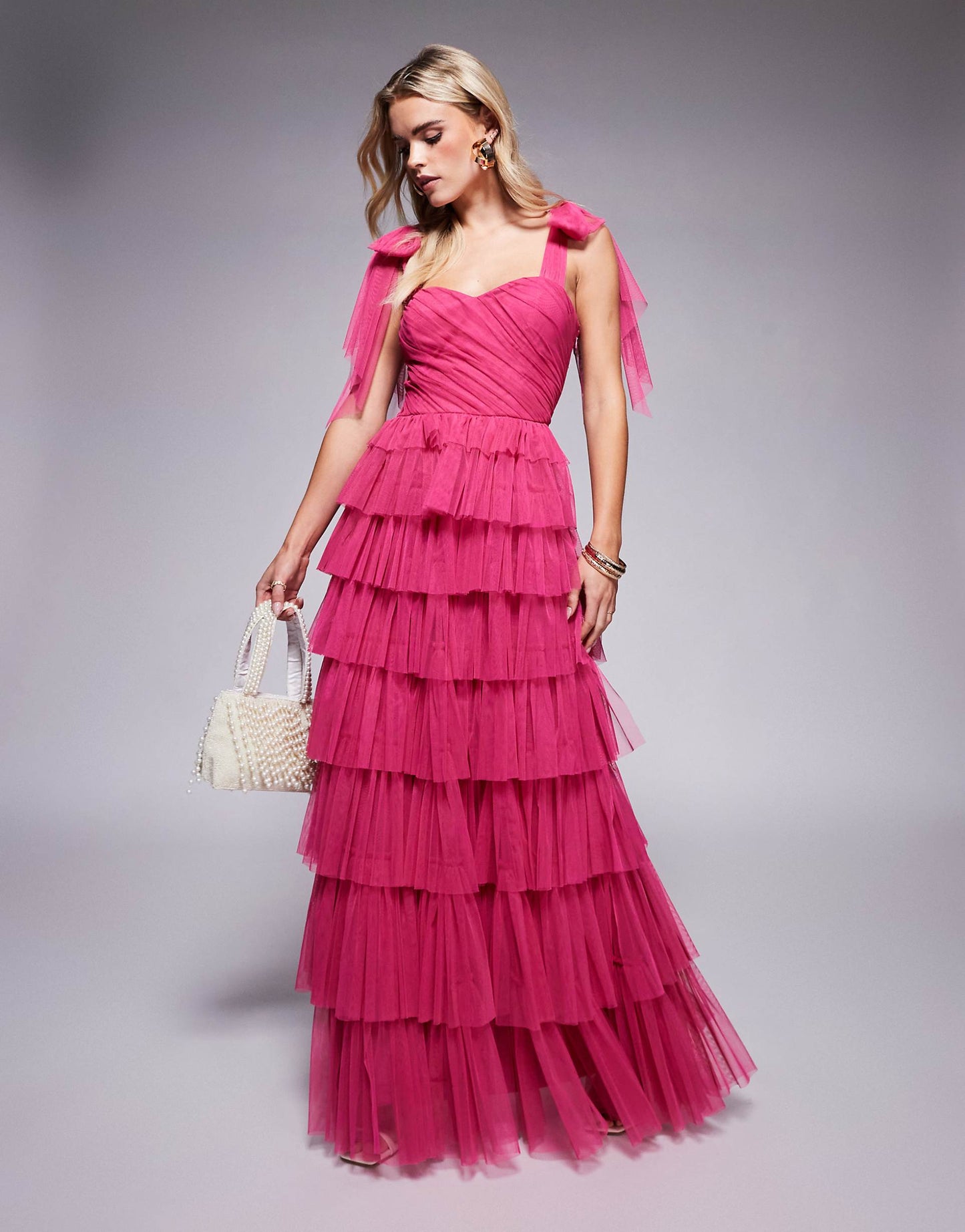 Petite Bow Shoulder Tiered Tulle Maxi Dress